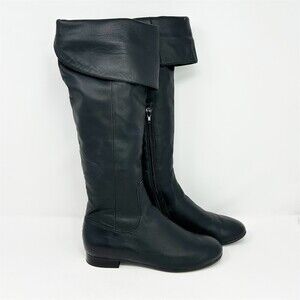 Chocolat Blu Women's Knee High Riding Boots Black Leather Size 6.5 Foldover Cuff